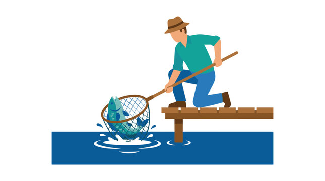 Gone fishing vector man catching fish with net on wooden pier