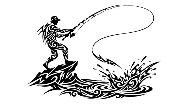 Gone fishing vector tribal art of man casting rod from waves