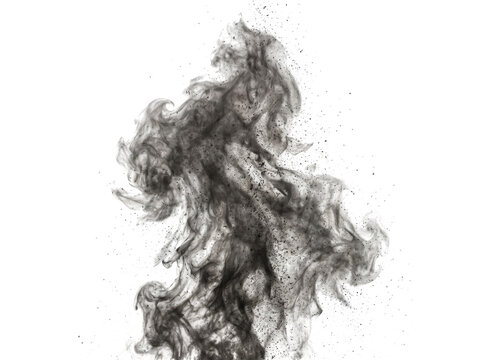 Abstract black smoke plume swirling and scattering particles as isolated on transparent background