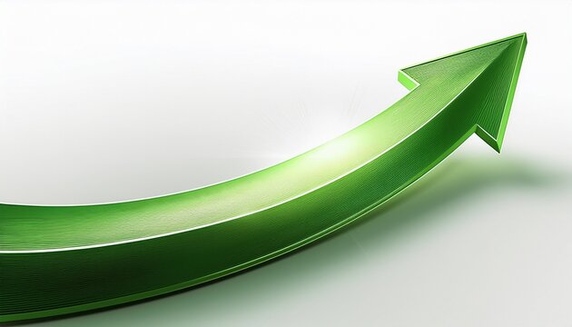 green curved arrow with shine and shadow effects pointing upwards isolated on a white background