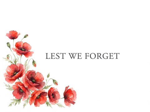 Watercolor poppies and the phrase lest we forget for remembrance day or memorial day