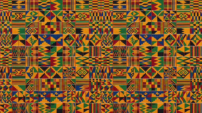 Kente cloth pattern with colorful square geometric mosaic for traditional west african design.