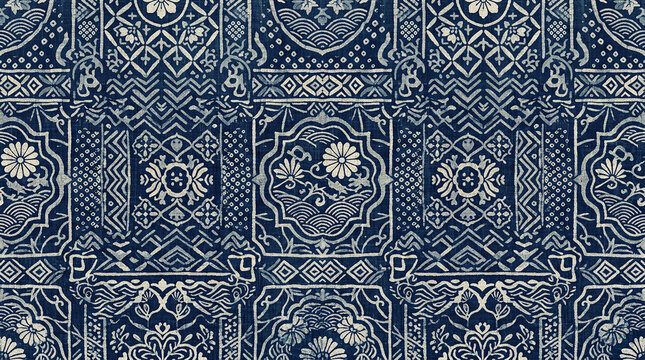 Traditional Japanese indigo blue textile pattern with floral motifs and geometric shapes for fabric design.