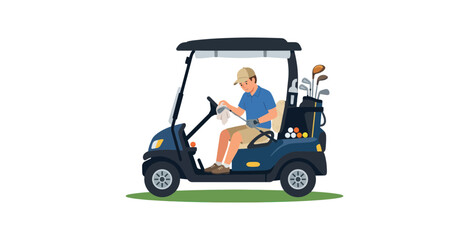 Naklejka premium Man driving a golf cart with clubs and balls.