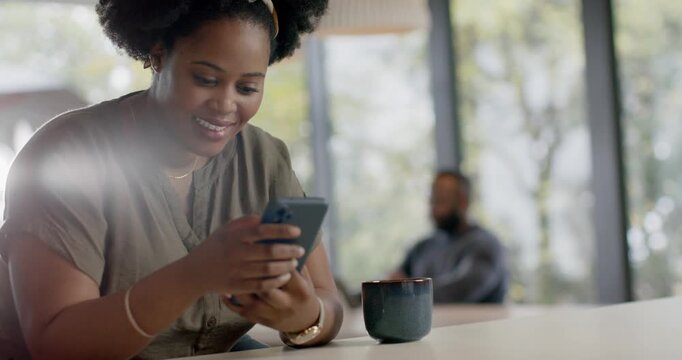 African couple woman looking down at phone, navigating content while tapping and scrolling by mug