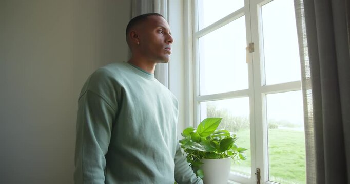 African American man by window with plant, after scanning outside crossing arms, smiling at camera