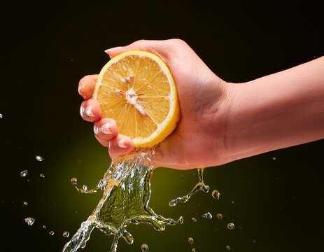 hand squeezing a fresh yellow lemon with juice splash