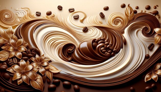 swirling waves of coffee and cream with beans and coffee flowers chocolate