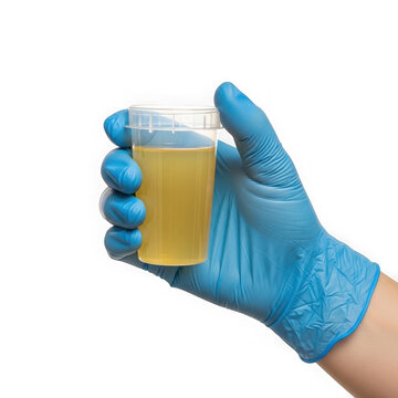 A medical professional wearing a blue protective glove holding a plastic cup filled with a yellow urine sample for test isolated on transparent background