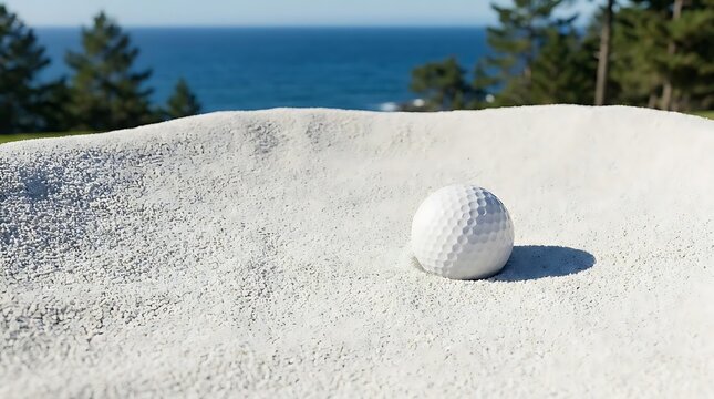 A golf ball resting in a sand bunker trap on a coastal course in British Columbia golf territory with the Pacific ocean visible in the background