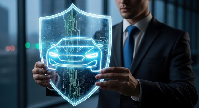 Businessman holding digital car security shield interface.