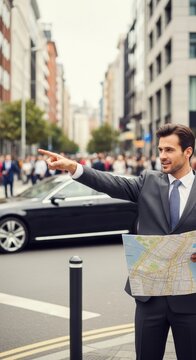 Businessman pointing while holding a map in the city.