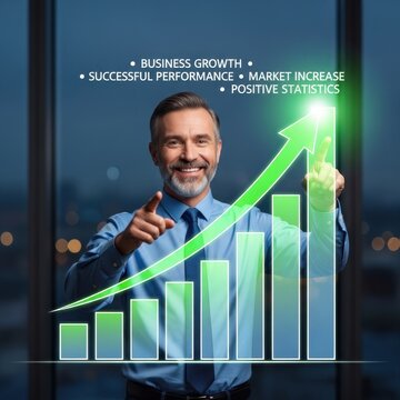 Businessman pointing at upward growth chart with green bars.