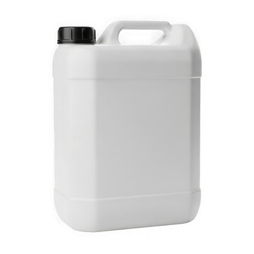 Large white plastic jerry can container with a black screw cap for storing industrial liquids and chemical storage supply isolated on transparent background