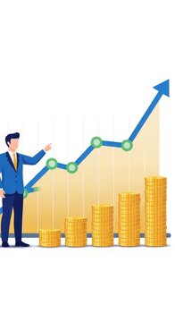 Businessman presenting financial growth chart with gold coins.