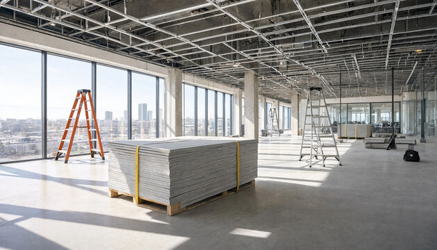 Construction materials sit inside a modern office space under renovation for business expansion.