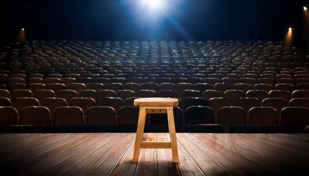 dramatic spotlight on empty stage with wooden stool and audience seats