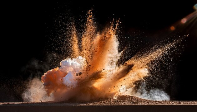 dynamic explosion of earth and dust scattering debris in motion