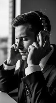 Businessman talking on phone in office setting.