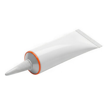 Small white plastic squeeze tube for cream or glue with an orange ring detail isolated on a simple plain surface view isolated on transparent background