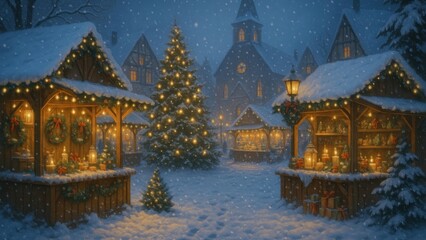 Fototapeta premium Festive snowy village scene