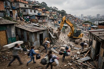 Fototapeta premium Chaotic scene of desperate people fleeing and carrying their belongings as a large yellow excavator demolishes houses in a crowded hillside favela slum settlement
