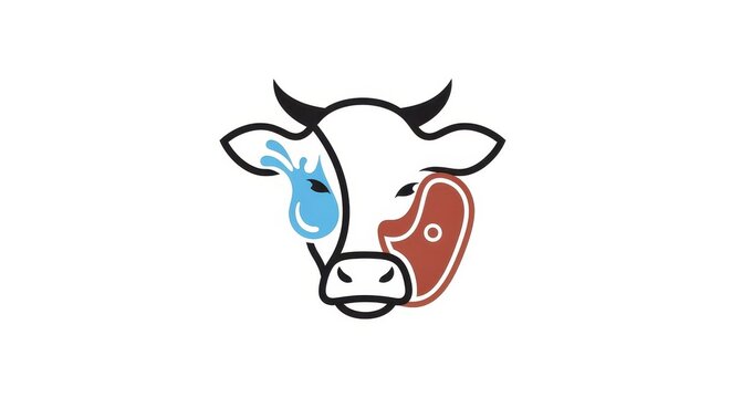 Cartoon Cow Head with Meat and Milk Symbols.