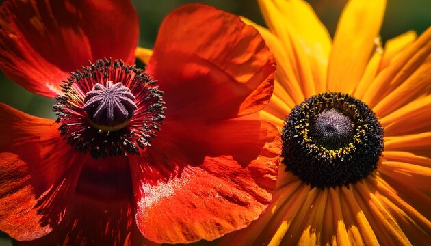 vibrant red poppy and yellow black eyed susan in full bloom close up of contrasting garden flowers with delicate petals and natural sunlight