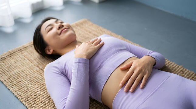 Serene asian woman in purple activewear lying down on woven mat practicing mindful deep breathing exercises with calm peaceful expression