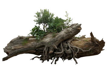 Fototapeta premium Large decayed forest log with exposed roots and small growing plants