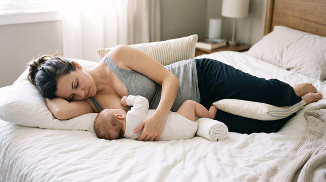 Mother breastfeeding newborn baby in bed at home, side lying nursing position for infant