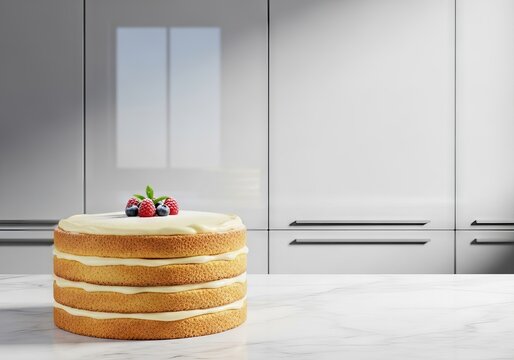 A multi-layered vanilla sponge cake sits elegantly on a marble countertop in a sleek modern kitchen featuring minimalist cabinetry and light, clean, marble, snack