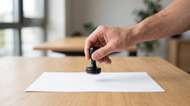 A person holds a black rubber stamp above a white sheet of paper on a wooden desk.