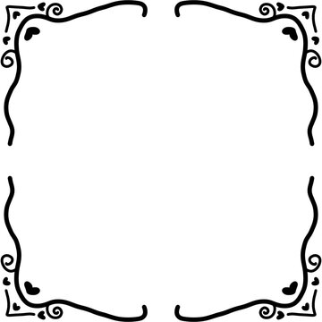 Vintage black line art corner frame border with heart flourishes for wedding invitation, greeting card, and certificate design.