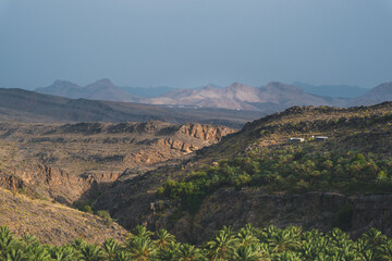 Fototapeta premium Rugged mountain valley with lush date palm terraces in rural Oman