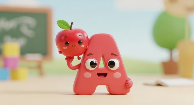 Cartoon Letter A Holding Red Apple in Classroom Scene.