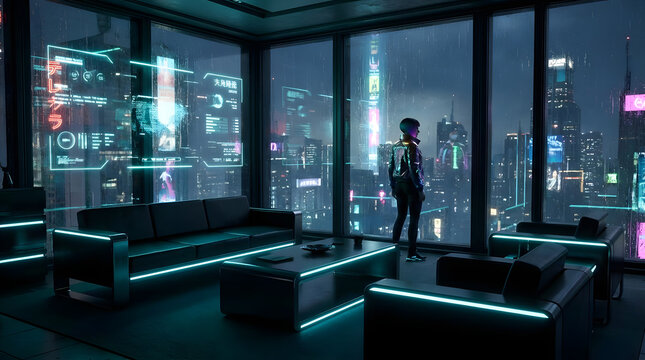 Futuristic penthouse interior overlooking neon city at night.