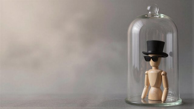 Wooden figure in top hat and sunglasses under glass dome, mysterious and stylish.
