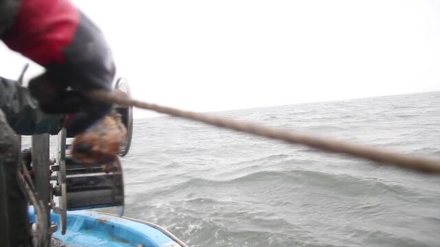 Korea webfoot octopus conch shell trap fishing fisherman holding live octopus seafood ocean Korea 주꾸미 소라껍질 통발 전통 어업 어민 손 활어 바다 선상 어장 수산물 해산물 식재료