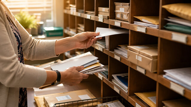Postal worker sorting letters and packages into wooden mail slots in mailroom workplace environment