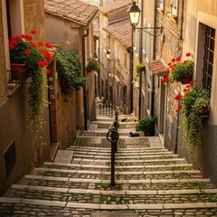 Obraz premium Charming European Village Stone Steps with Flowers.
