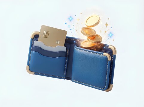 3D digital wallet with floating gold coins and credit card isolated on white background