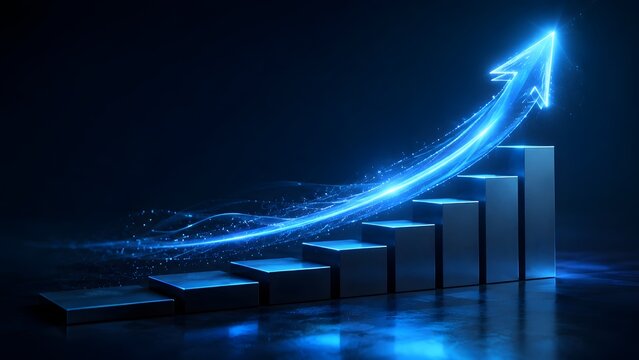 Glowing blue upward arrow soaring over metallic steps symbolizing financial growth and business success.