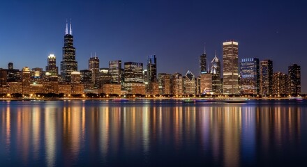 Naklejka premium Chicago Skyline Night Reflection Over Calm Water.