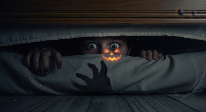 Child Peeking From Under Blanket In Dark Room.