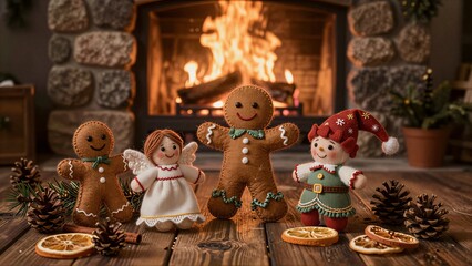Fototapeta premium Cozy Christmas scene with gingerbread figures, angel, and elf by fireplace.