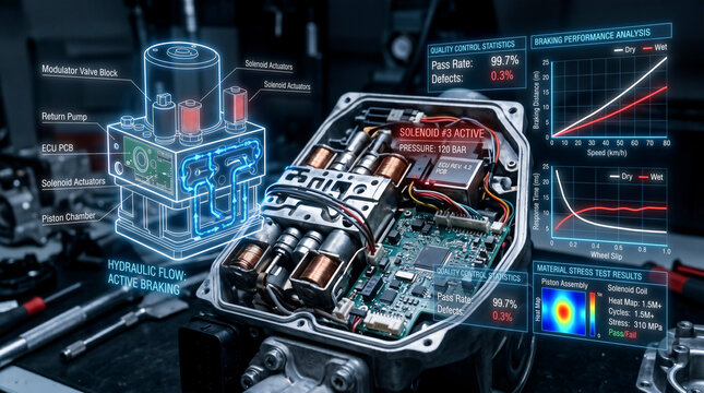 Technical diagnostic analysis of an automotive braking system component with digital telemetry overlays