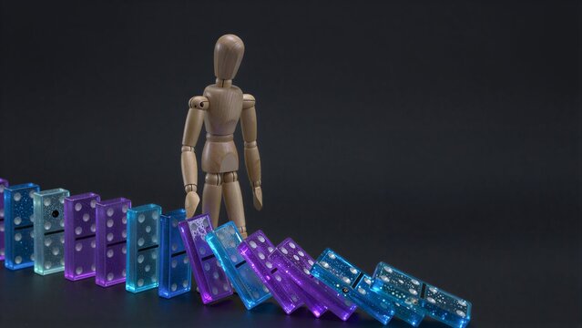 Wooden figure stands before falling dominoes, symbolizing pause amid chaos.