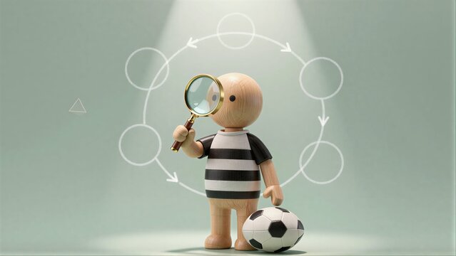 Wooden figure holds magnifying glass and soccer ball, examining network diagram.