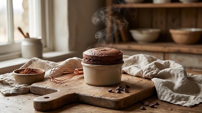 A freshly baked decadent dessert for national chocolate souffle day featuring a steaming ramekin on a rustic wooden cutting board in a farmhouse kitchen